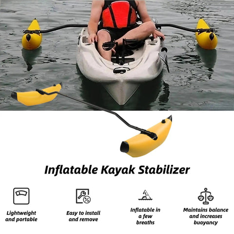 Portable Inflatable Kayak Outrigger Stabilizer Kit For Serious On Water Stability attached to kayak, easy install and quick setup.