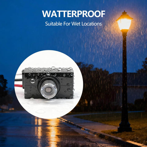 2 Pack Dusk To Dawn Photocell Light Sensor Outdoor Lighting Control Switch Black, weatherproof in rain, for 120-277V US systems.