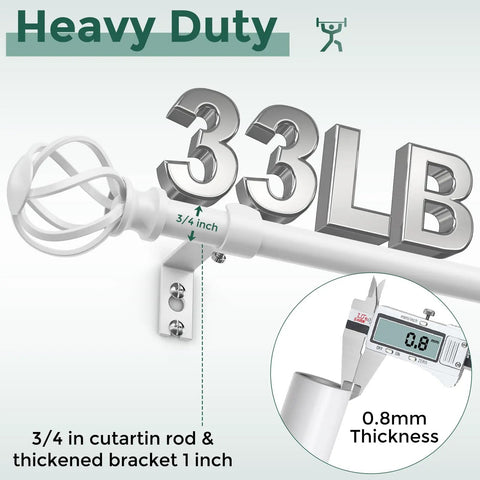 White Curtain Rod 36-88 Inch Adjustable Heavy Duty Metal Rod With Twisted Cage Finials showing 33 lb weight capacity