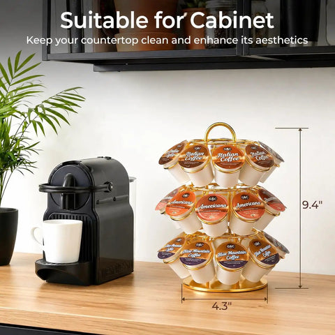 Rotating K Cup Carousel Holder 3 Tier Organizer That Fits 27 K Cups Spins 360 Degrees Anti Slip Base No Assembly Gold Finish
