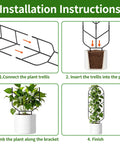 Installation instructions for Heavy Duty 2 Pack 30 Inch Metal Plant Trellis For Climbing Plants showing assembly and use with potted plant.