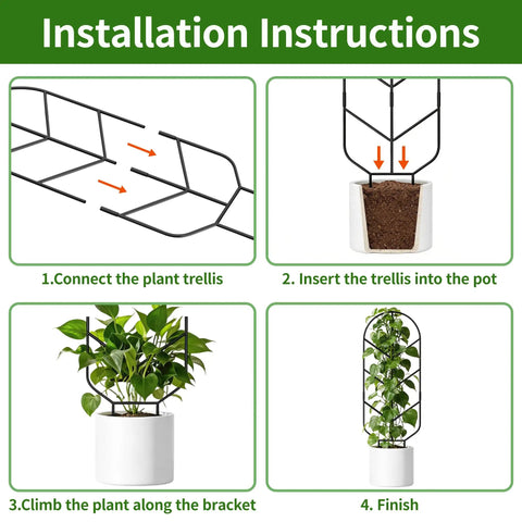 Installation instructions for Heavy Duty 2 Pack 30 Inch Metal Plant Trellis For Climbing Plants showing assembly and use with potted plant.