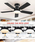 46 Inch Black Ceiling Fan With Lights And Remote, Low Noise Flush Mount Modern Low Profile Ceiling Fan With Dimmable Light And Reversible Blades For Bedroom Indoor Outdoor Use showing three light color options: warm, natural, cold white.
