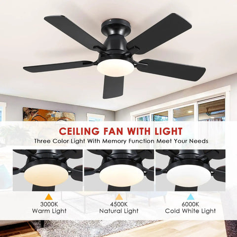 46 Inch Black Ceiling Fan With Lights And Remote, Low Noise Flush Mount Modern Low Profile Ceiling Fan With Dimmable Light And Reversible Blades For Bedroom Indoor Outdoor Use showing three light color options: warm, natural, cold white.
