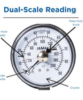 Professional Grade Hand Grip Dynamometer And Strength Tester For Rehab, Therapy And Fitness Training, Hydraulic Grip Meter With Adjustable Handle That Fits All Hand Sizes And Delivers Clinically Accurate Readouts. Close-up dual-scale gauge with peak-hold needle and crystal lens