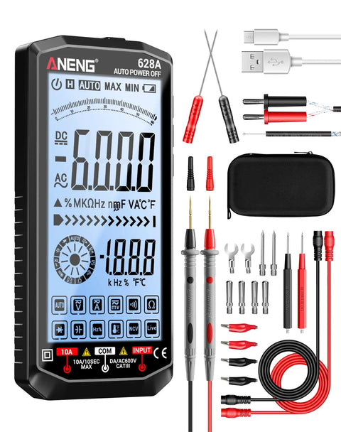 Rechargeable Digital Multimeter With Large Backlit Display And Auto Ranging, accessories shown, Type C Charging, case included