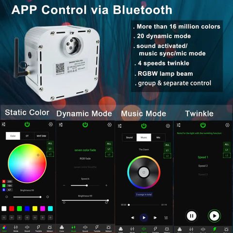 Twinkle Fiber Optic Light Source 32W RGBW Engine With Bluetooth RF Remote And Music Sensor, Star Ceiling Light Effect app display