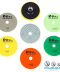 Pro Grade 4 Inch Diamond Polishing Pads Set For Wet Or Dry Use 7 Piece Kit displayed with different grit levels 50 to 1500