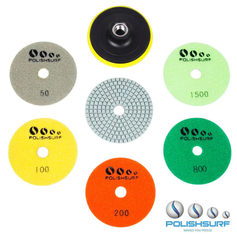 Pro Grade 4 Inch Diamond Polishing Pads Set For Wet Or Dry Use 7 Piece Kit displayed with different grit levels 50 to 1500