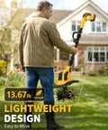 Man holding Cordless Tiller With 48 Steel Tines, 9 Inch Tilling Width And 6.7 Inch Depth, highlighting its lightweight design.