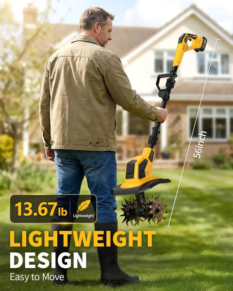 Man holding Cordless Tiller With 48 Steel Tines, 9 Inch Tilling Width And 6.7 Inch Depth, highlighting its lightweight design.