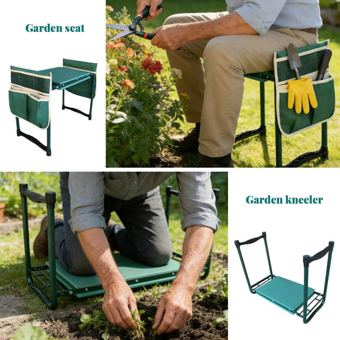 Heavy Duty Garden Kneeler And Seat With Dual Tool Bags, Extra Wide 11.02 Inch Foldable Stool For Knee And Back Support, Non-Slip Portable Bench