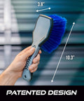 Ergonomic Wheel And Rim Cleaning Brush With Ultra Soft Bristles For Tires And Rims Rubber Lined Sides For A Firm Grip 10.3 Inch Length Gray Auto Detailing Tool held by hand