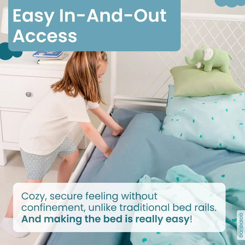 Image of child making bed with an ultra cozy foam bed bumper. Skip The Worry With This Ultra Cozy Foam Bed Bumper That Anchors Toddler Squad Firmly Against Dangerous Nighttime Roll Outs While Granting Parents Unrestricted Access.