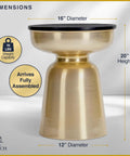 Hourglass Accent Side Table With Natural Granite Top And Brushed Brass Base, 16 inch diameter shown with dimension details