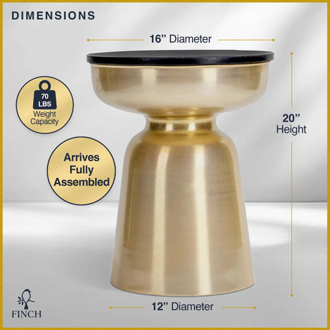 Hourglass Accent Side Table With Natural Granite Top And Brushed Brass Base, 16 inch diameter shown with dimension details