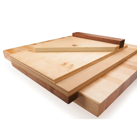 Pro Grade Shooting Board Jig For Hand Planes with wooden panels and angled piece for precise cutting setup.