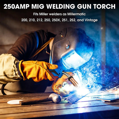 Get Ready To Weld Like A Pro With This Top Notch 250A Mill M-25 Mig Welding Gun Featuring A Rock Solid 15 Foot Cable That Easily Replaces Your Old Miller 169598 Torch And Fits Your Millermatic 200 210 212 250 251 Or 252 Machine Perfectly For Serious Jobs, close-up of a welder using a MIG gun.