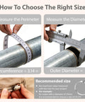 DIY 10 Foot Metal Strapping Hose Clamp Kit With 304 Stainless Worm Gear Clamps sizing guide with tape and caliper measurement.