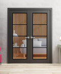 Double Swing Interior French Doors With Glass Solid Wood Build Hardware Included 60 By 80 Inches Black Modern Style No Fuss Install Set With Frames And Trims For A Smooth Roomy Look installed in modern living room