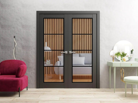 Double Swing Interior French Doors With Glass Solid Wood Build Hardware Included 60 By 80 Inches Black Modern Style No Fuss Install Set With Frames And Trims For A Smooth Roomy Look installed in modern living room