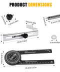 Kickass Crown Molding Jig And Miter Saw Protractor dimensions showing black knobs, aluminum tool, and precision angle finder for DIY carpentry.