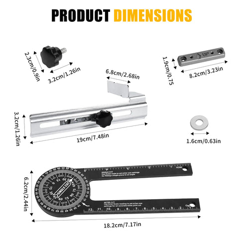 Kickass Crown Molding Jig And Miter Saw Protractor dimensions showing black knobs, aluminum tool, and precision angle finder for DIY carpentry.