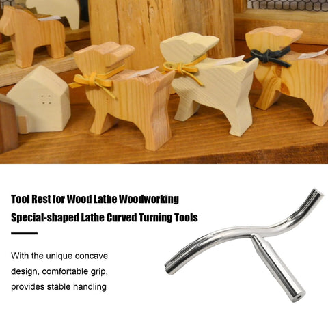 Curved lathe tool rest with 1-inch post; chrome finish shown beside wooden toy animal figures.
