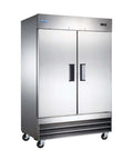 Heavy Duty Commercial Two Door Freezer With Forty Six Cubic Feet Of Space Frost Free Tech And Brushed Stainless Steel Shell side view on wheels