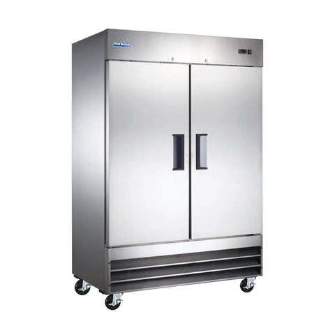 Heavy Duty Commercial Two Door Freezer With Forty Six Cubic Feet Of Space Frost Free Tech And Brushed Stainless Steel Shell side view on wheels