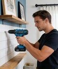 Man using a Heavy Duty Cordless Drill Set With 21V Rechargeable Battery And Brushless Motor to install shelves.