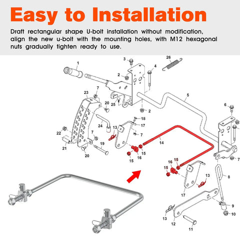 M157573 Front Deck Hanger And Draft Rod U-Bolt Replacement For Zero Turn Mower with installation diagram details.