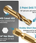 Image showing Real Deal M35 Cobalt Stubby Drill Bit Set with 135° split point and 1/4 inch hex shank for hard metal drilling.