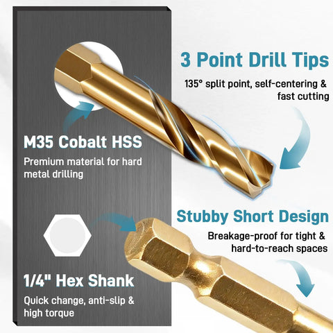 Image showing Real Deal M35 Cobalt Stubby Drill Bit Set with 135° split point and 1/4 inch hex shank for hard metal drilling.