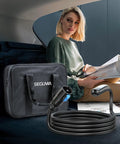 Tesla EV Charger Extension Cable 32A 21Feet NACS with woman sitting in car, carrying bag beside cable