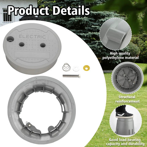 Hella Durable Ten Inch Underground Electrical Junction Box With Easy Remove Lid For Outdoor Wire Splices and In Ground Circuit Connections Built Tough Solid Polyethylene, grey, with accessories.