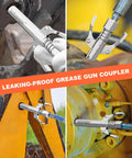Extra Long Grease Gun Coupler For Tight Spots With Two Point Four Inch Nozzle High Pressure 10000 PSI Quick Lock Release Locks Onto Zerk Fittings Extra Reach For Grease Fittings used on machinery