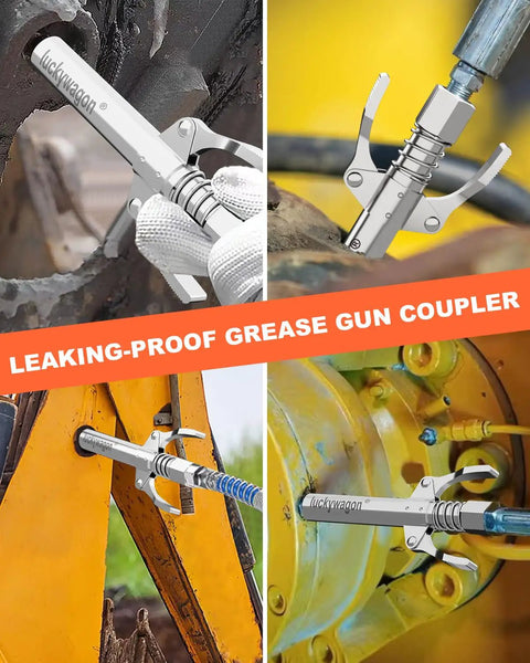 Extra Long Grease Gun Coupler For Tight Spots With Two Point Four Inch Nozzle High Pressure 10000 PSI Quick Lock Release Locks Onto Zerk Fittings Extra Reach For Grease Fittings used on machinery