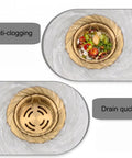 Gold Extended Sink Flange With Deep Basket Strainer for Kitchen Sink Drain, showing anti-clogging and quick drain features.