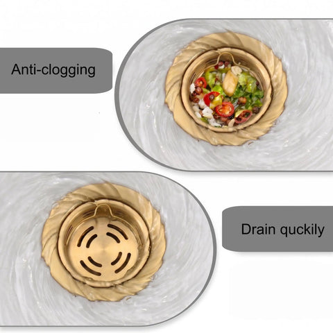 Gold Extended Sink Flange With Deep Basket Strainer for Kitchen Sink Drain, showing anti-clogging and quick drain features.