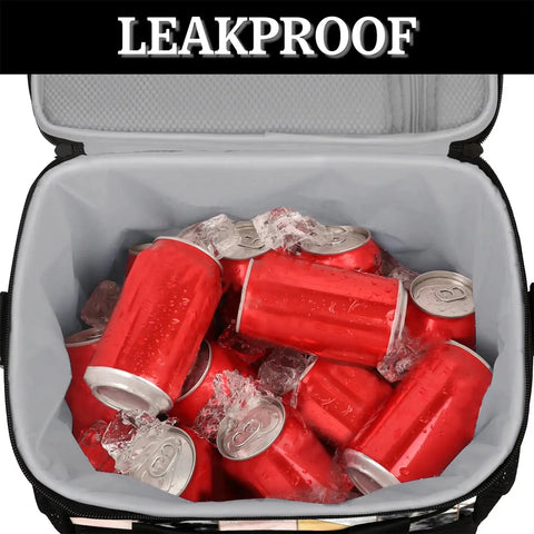 Geometric Marble Insulated Picnic Backpack Lunch Bag open with red cans and ice, showing leakproof thick inner lining