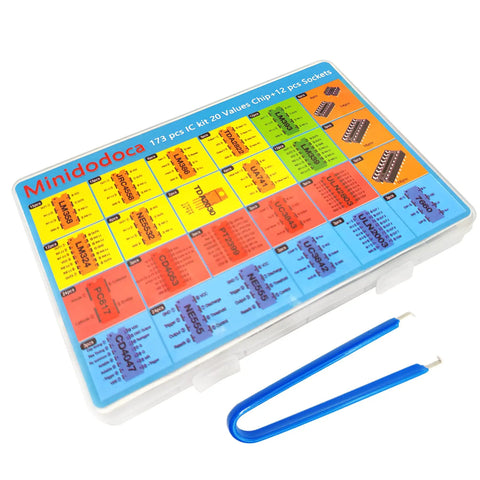 IC Chips Kit 173 Piece Op Amp ICs And Timer ICs Assortment With 12 Sockets and color-coded organizer box