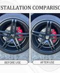 Installation comparison of Clean 4 Piece Silver Wheel Center Caps showing wheels before and after use.
