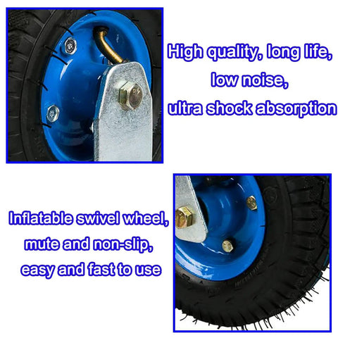 Industrial Pneumatic Caster Wheels With 360 Degree Swivel Top Plate And Fixed Plate, close-up of blue wheel with metal plate