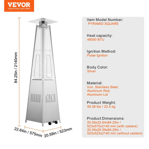 Pyramid Propane Patio Heater With Wheels 48000 BTU Outdoor Heater With Quartz Glass Tube Keeps Your Backyard Cozy For Parties Patio Evenings And Garden Decor Durable Stainless Steel Build, shown with dimensions and specifications.