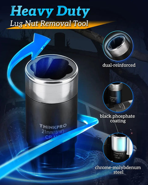 Heavy Duty Lug Nut Removal Tool Kit With Metric Extractor Sockets 14mm 16mm 17mm 19mm 21mm 22mm 24mm 27mm For Stuck Rusted Seized Lug Nuts And Wheel Lock Removal Kit With Anti Crack Design shown with dual-reinforced socket.