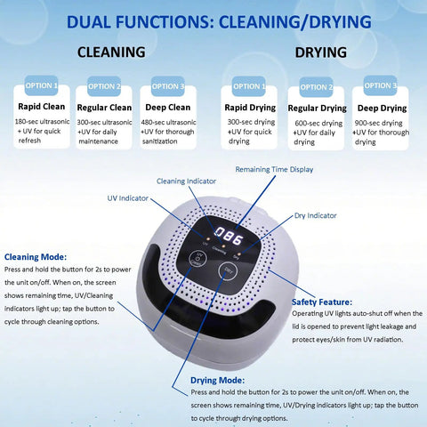 Three In One Ultrasonic Retainer Cleaner With UV Sanitizer And Fast Drying Fan For Dentures Aligners Mouth Guards Night Guards And Jewelry Deep Clean Odor Busting And Quick Dry showing control panel