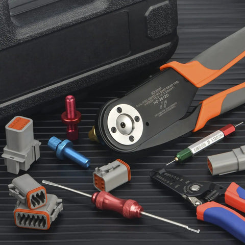 Pro Grade Deutsch Solid Contacts Crimping Tool AWG 26-12 For Size 12 16 20 Fits DT DTP DTM Series with accessories on black surface