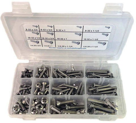 Type 316 stainless steel Phillips oval machine screws assortment kit in clear plastic organizer, front view