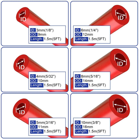 All Size Automotive Silicone Vacuum Hose Kit With 1/8 to 3/8 Inch Tubes Includes 6 Five Foot Hoses And 126 Nylon Vacuum Connectors In 13 Sizes Red Built For Quick DIY Friendly Engine Vacuum Tubing Upgrades, red silicone hoses in various sizes with dimensions displayed.
